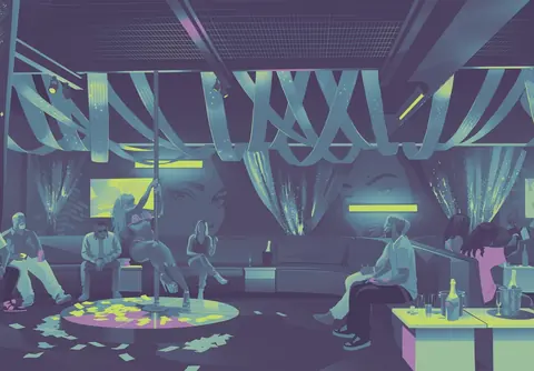 Isolated background from Boobie Ike 's artwork, showing the interior to the Jack of Hearts strip club.