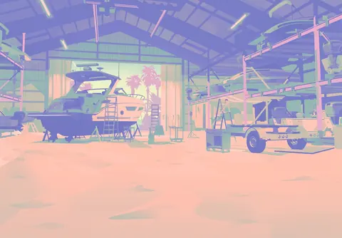 Isolated background from Brian Heder 's artwork, showing the interior to Brian's Boat Works & Marina .