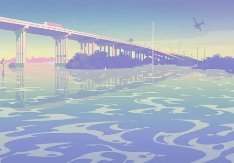 Isolated background from Cal Hampton 's artwork, showing an unnamed bridge in the Leonida Keys .
