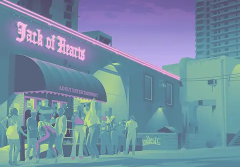 Isolated background from Dre'Quan Priest 's artwork, showing the exterior to the Jack of Hearts strip club.
