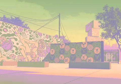 Isolated background from Raul Bautista 's artwork, showing an unnamed mural art installation in Vice City 's Stockyard neighborhood. The two murals were created by Lady Aiko and Sonni respectively.
