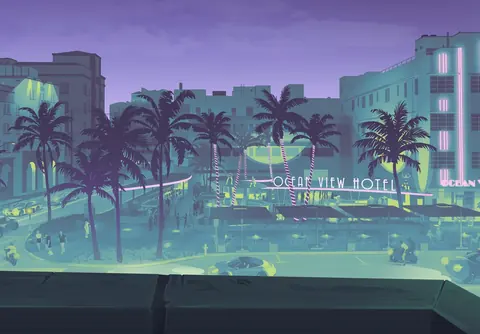 Isolated background from Real Dimez 's artwork, showing the Ocean View Hotel and Shore Drive .
