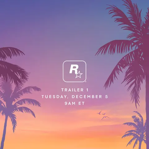 Official artwork for the release date announcement of Grand Theft Auto VI's Trailer 1 in 2023.